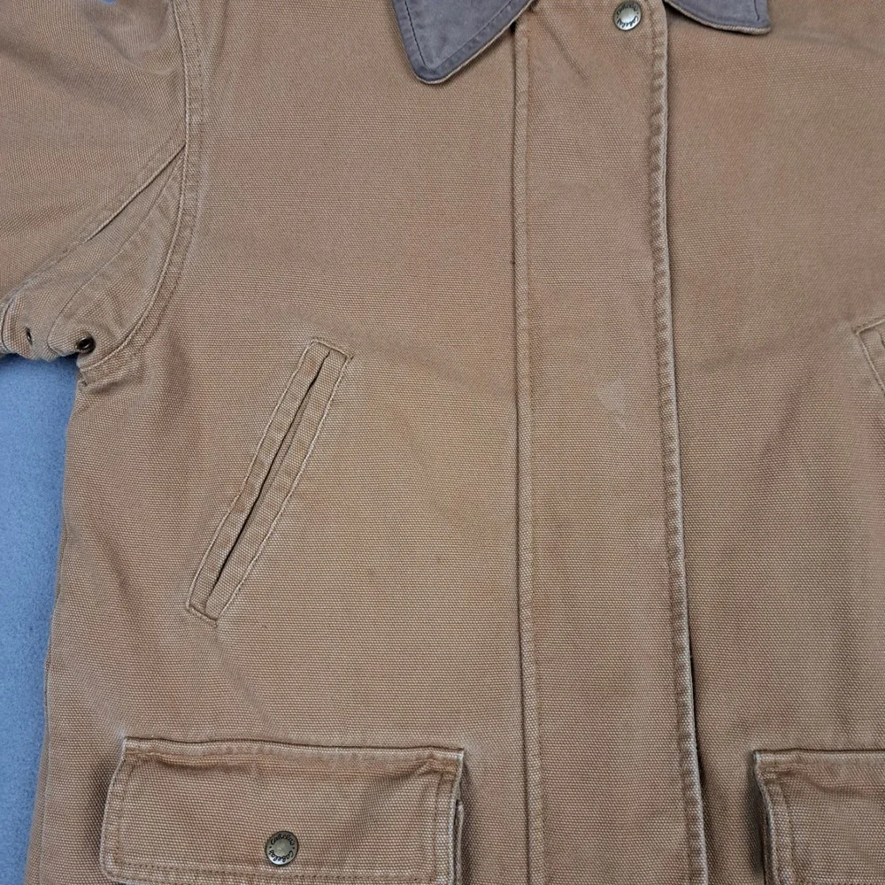 Cabelas Duck Canvas Blanket Lined Jacket Womens Medium Leather Collar Chore Coat - Picture 14 of 16